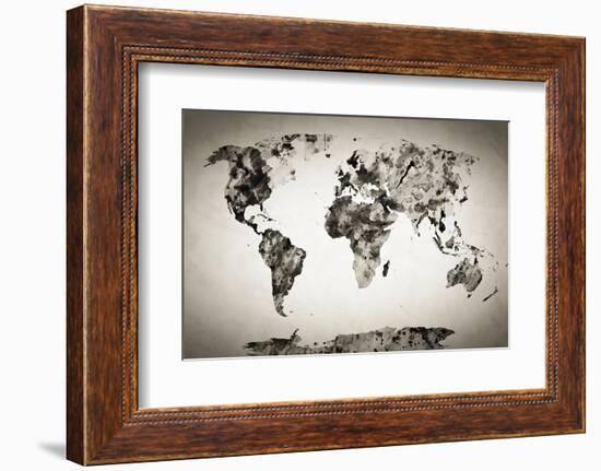 Watercolor World Map. Black and White Paint on Paper, Retro Style. HD Quality-Michal Bednarek-Framed Photographic Print