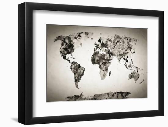 Watercolor World Map. Black and White Paint on Paper, Retro Style. HD Quality-Michal Bednarek-Framed Photographic Print