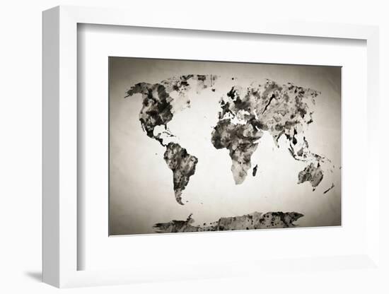 Watercolor World Map. Black and White Paint on Paper, Retro Style. HD Quality-Michal Bednarek-Framed Photographic Print