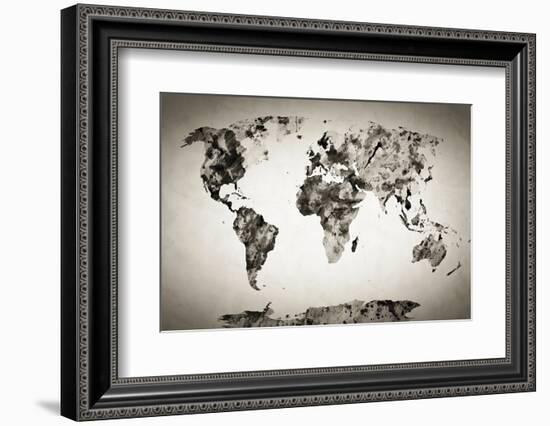 Watercolor World Map. Black and White Paint on Paper, Retro Style. HD Quality-Michal Bednarek-Framed Photographic Print