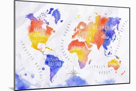 Watercolor World Map Red Purple-anna42f-Mounted Art Print