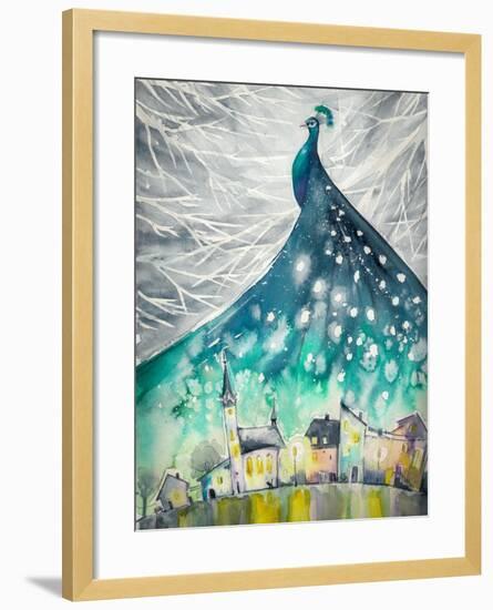 Watercolors Abstract Illustration of Peacock as Night Sky over City.-DeepGreen-Framed Art Print