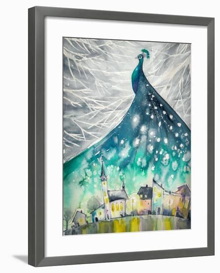Watercolors Abstract Illustration of Peacock as Night Sky over City.-DeepGreen-Framed Art Print