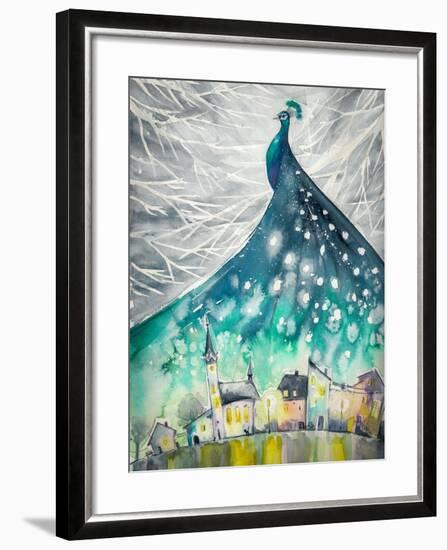 Watercolors Abstract Illustration of Peacock as Night Sky over City.-DeepGreen-Framed Art Print