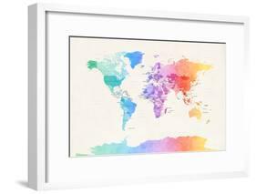 Watercolour Political Map of the World-Michael Tompsett-Framed Art Print