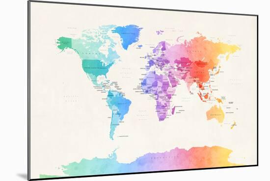 Watercolour Political Map of the World-Michael Tompsett-Mounted Art Print