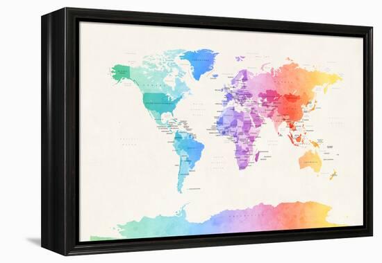 Watercolour Political Map of the World-Michael Tompsett-Framed Stretched Canvas