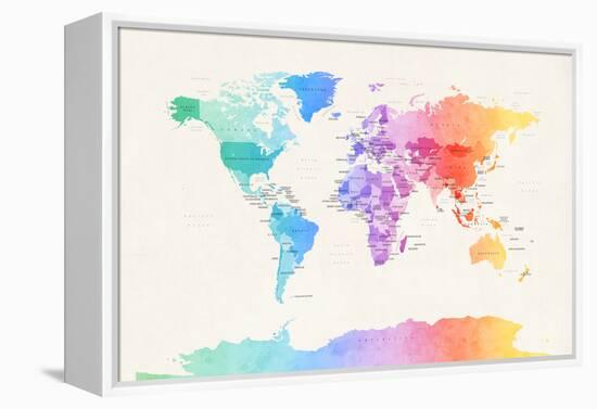 Watercolour Political Map of the World-Michael Tompsett-Framed Stretched Canvas