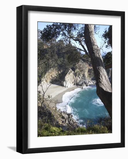 Waterfall and Beach at Julia Pfeiffer Burns State Park, Near Big Sur, California-Donald Nausbaum-Framed Photographic Print