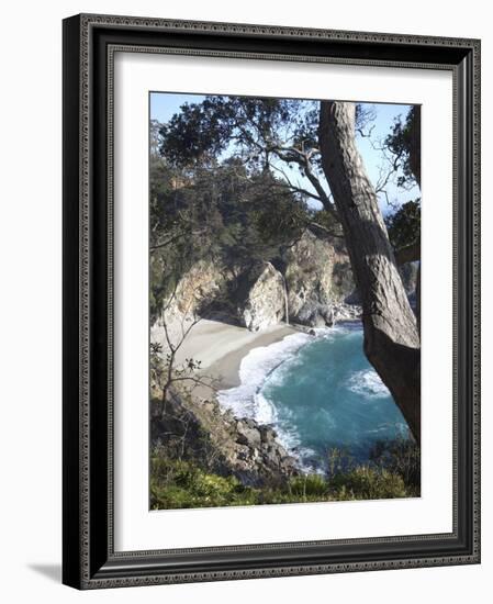 Waterfall and Beach at Julia Pfeiffer Burns State Park, Near Big Sur, California-Donald Nausbaum-Framed Photographic Print