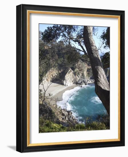 Waterfall and Beach at Julia Pfeiffer Burns State Park, Near Big Sur, California-Donald Nausbaum-Framed Photographic Print