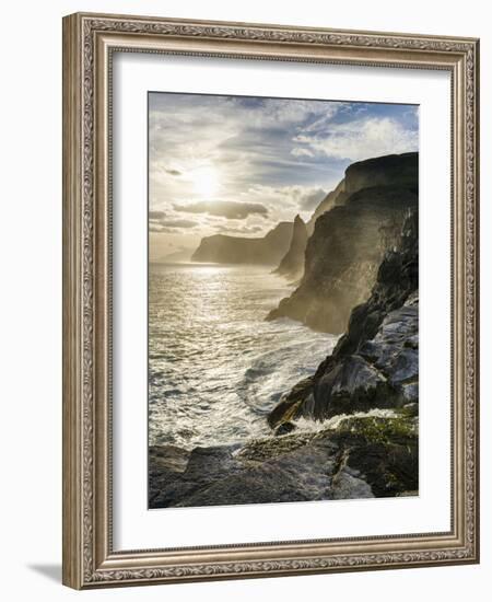 Waterfall Bosdalafossur At Sunset. Island Vagar, Faroe Islands. Denmark-Martin Zwick-Framed Photographic Print