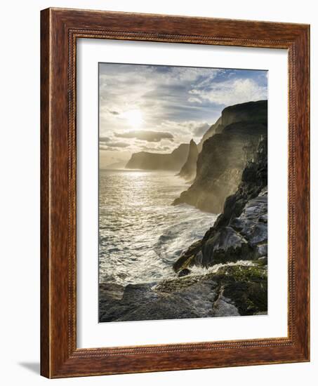 Waterfall Bosdalafossur At Sunset. Island Vagar, Faroe Islands. Denmark-Martin Zwick-Framed Photographic Print