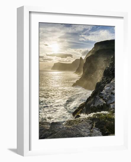 Waterfall Bosdalafossur At Sunset. Island Vagar, Faroe Islands. Denmark-Martin Zwick-Framed Photographic Print