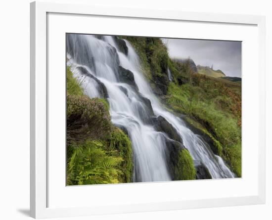 Waterfall Cascading Down Grassy Slope with Old Man of Storr in Background, Near Portree-Lee Frost-Framed Photographic Print