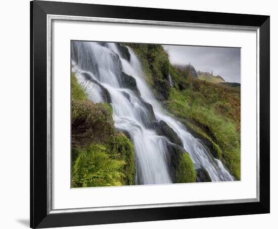 Waterfall Cascading Down Grassy Slope with Old Man of Storr in Background, Near Portree-Lee Frost-Framed Photographic Print