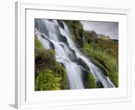 Waterfall Cascading Down Grassy Slope with Old Man of Storr in Background, Near Portree-Lee Frost-Framed Photographic Print