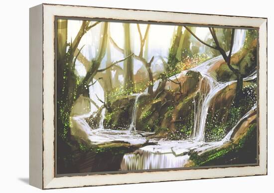 Waterfall in Forest,Illustration Painting-Tithi Luadthong-Framed Stretched Canvas