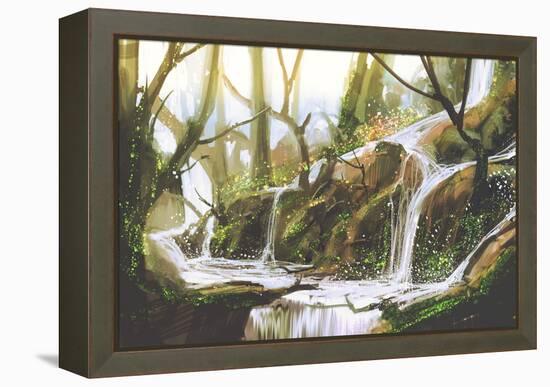 Waterfall in Forest,Illustration Painting-Tithi Luadthong-Framed Stretched Canvas