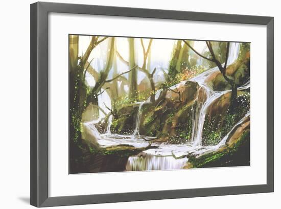 Waterfall in Forest,Illustration Painting-Tithi Luadthong-Framed Art Print