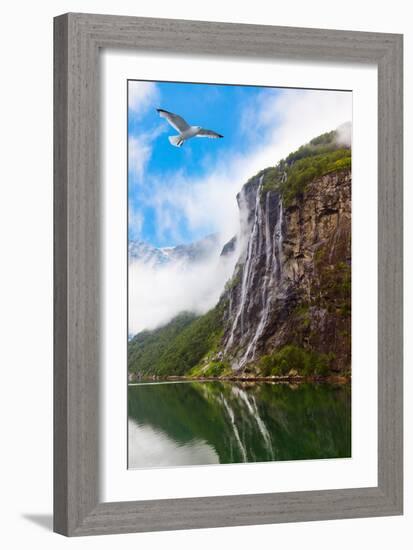 Waterfall in Geiranger Fjord Norway - Nature and Travel Background-Nik_Sorokin-Framed Photographic Print