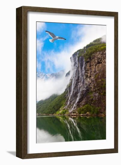 Waterfall in Geiranger Fjord Norway - Nature and Travel Background-Nik_Sorokin-Framed Photographic Print