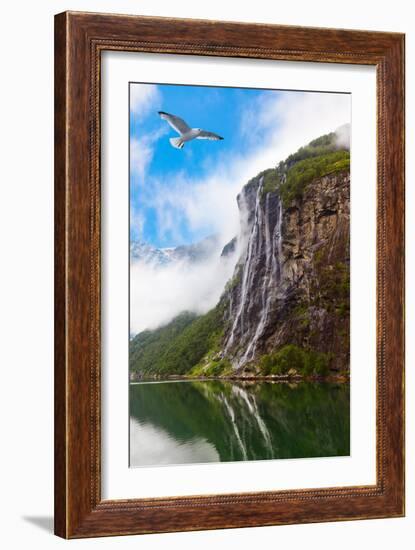 Waterfall in Geiranger Fjord Norway - Nature and Travel Background-Nik_Sorokin-Framed Photographic Print