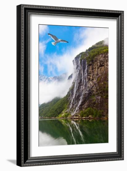 Waterfall in Geiranger Fjord Norway - Nature and Travel Background-Nik_Sorokin-Framed Photographic Print