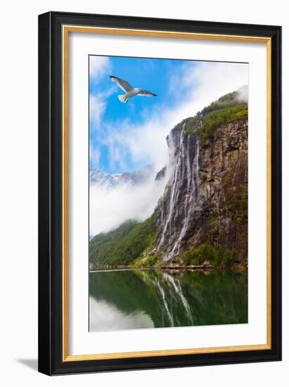 Waterfall in Geiranger Fjord Norway - Nature and Travel Background-Nik_Sorokin-Framed Photographic Print