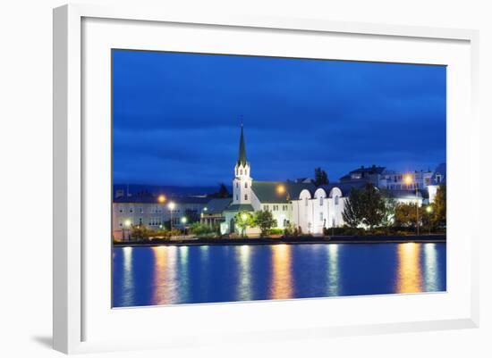 Waterfront Church on Lake Tjornin, Reykjavik, Iceland, Polar Regions-Christian Kober-Framed Photographic Print