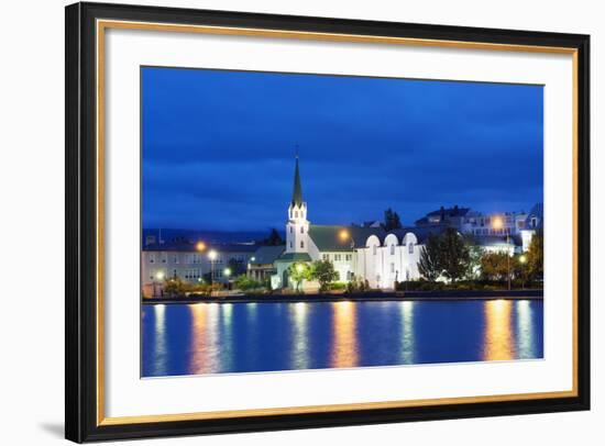 Waterfront Church on Lake Tjornin, Reykjavik, Iceland, Polar Regions-Christian Kober-Framed Photographic Print