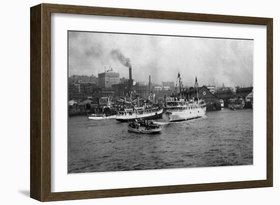 Waterfront Scene with Ships of Seattle, WA Photograph - Seattle, WA-Lantern Press-Framed Art Print