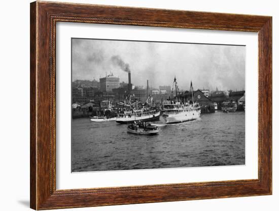 Waterfront Scene with Ships of Seattle, WA Photograph - Seattle, WA-Lantern Press-Framed Art Print