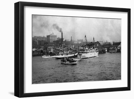 Waterfront Scene with Ships of Seattle, WA Photograph - Seattle, WA-Lantern Press-Framed Art Print