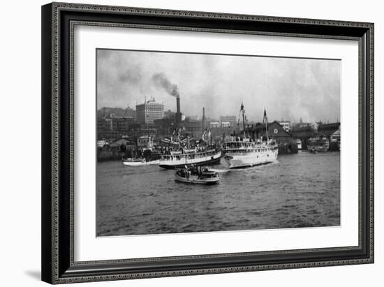 Waterfront Scene with Ships of Seattle, WA Photograph - Seattle, WA-Lantern Press-Framed Art Print