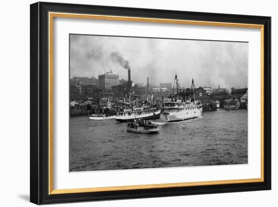 Waterfront Scene with Ships of Seattle, WA Photograph - Seattle, WA-Lantern Press-Framed Art Print