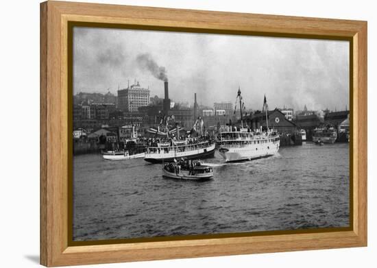 Waterfront Scene with Ships of Seattle, WA Photograph - Seattle, WA-Lantern Press-Framed Stretched Canvas