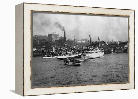 Waterfront Scene with Ships of Seattle, WA Photograph - Seattle, WA-Lantern Press-Framed Stretched Canvas