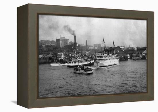 Waterfront Scene with Ships of Seattle, WA Photograph - Seattle, WA-Lantern Press-Framed Stretched Canvas