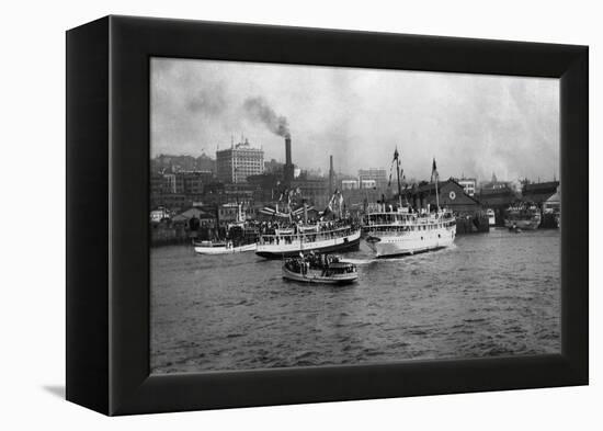 Waterfront Scene with Ships of Seattle, WA Photograph - Seattle, WA-Lantern Press-Framed Stretched Canvas