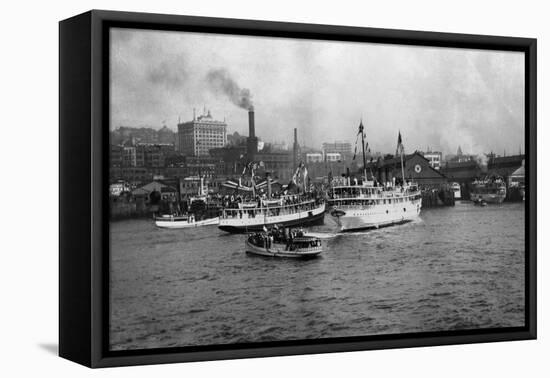 Waterfront Scene with Ships of Seattle, WA Photograph - Seattle, WA-Lantern Press-Framed Stretched Canvas