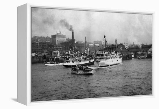 Waterfront Scene with Ships of Seattle, WA Photograph - Seattle, WA-Lantern Press-Framed Stretched Canvas