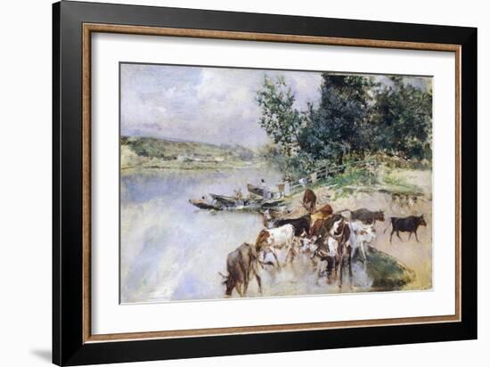 Watering of Cattle on Seine-Giovanni Boldini-Framed Giclee Print