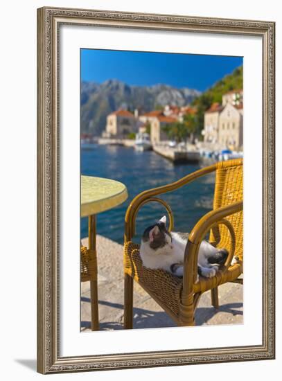 Waterside Cafe and Cat, Perast, Bay of Kotor, UNESCO World Heritage Site, Montenegro, Europe-Alan Copson-Framed Photographic Print