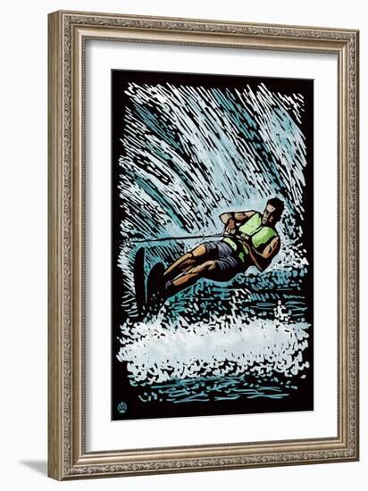 Waterskier - Scratchboard-Lantern Press-Framed Art Print