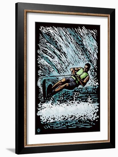 Waterskier - Scratchboard-Lantern Press-Framed Art Print