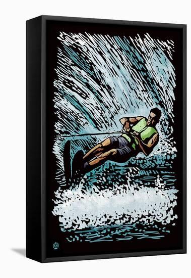 Waterskier - Scratchboard-Lantern Press-Framed Stretched Canvas