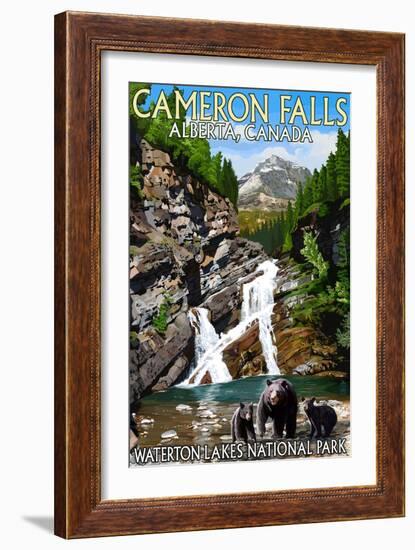 Waterton Lakes National Park, Canada - Cameron Falls and Bear Family-Lantern Press-Framed Art Print