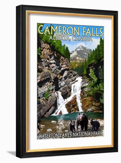 Waterton Lakes National Park, Canada - Cameron Falls and Bear Family-Lantern Press-Framed Art Print