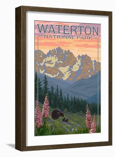 Waterton National Park, Canada - Bears and Spring Flowers-Lantern Press-Framed Art Print